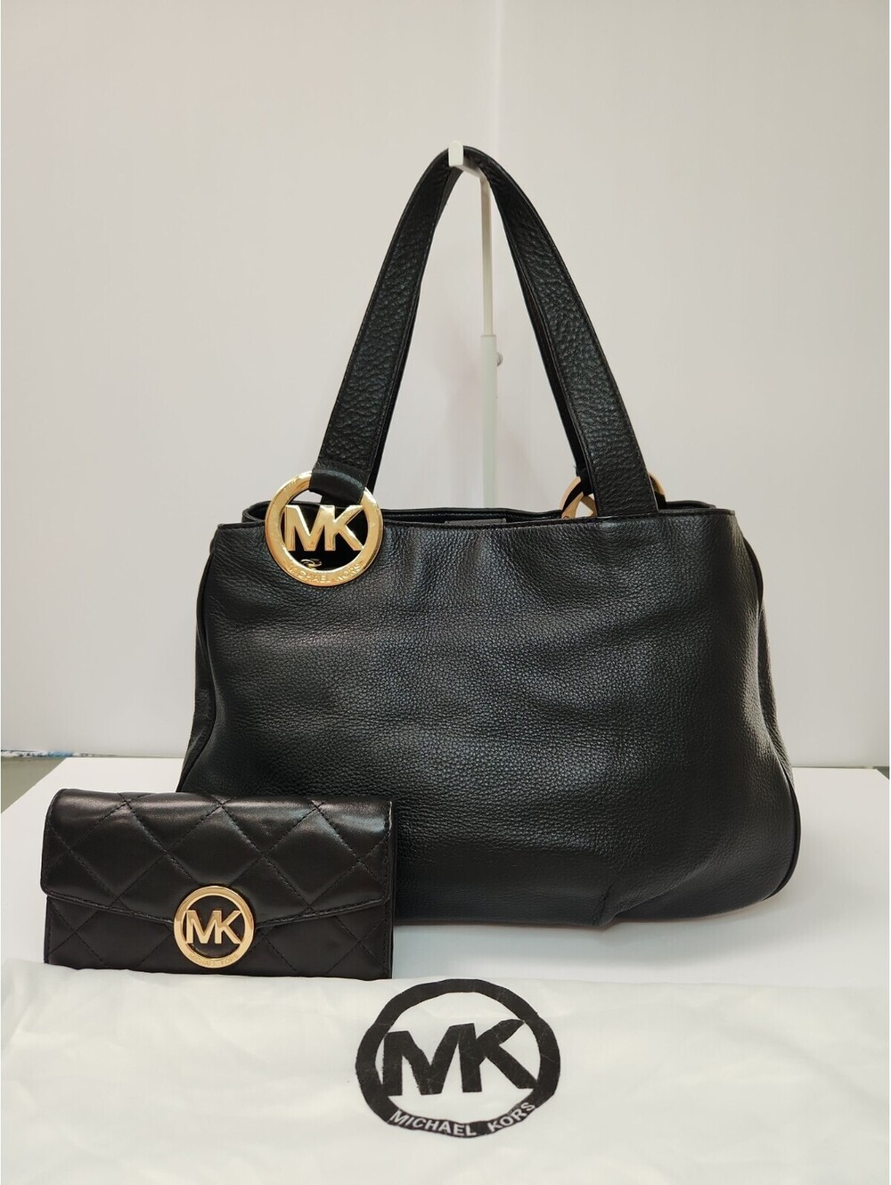 NEW MICHAEL KORS FULTON LRG SW TOTE BLK GENUINE LEATHER HANDBAG + QUILTED WALLET
